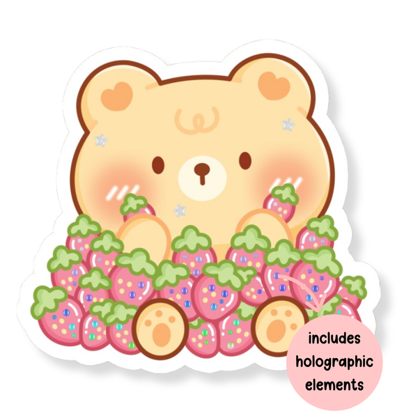 Berry Cute Bear Waterproof Vinyl Sticker (Semi-Holographic)