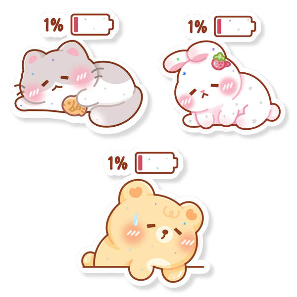 Tired at 1% Battery Waterproof Vinyl Stickers (Semi-Holographic)