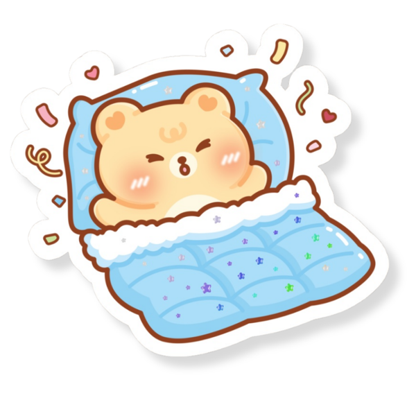 Excited Bear in Bed Waterproof Vinyl Sticker (Semi-Holographic)