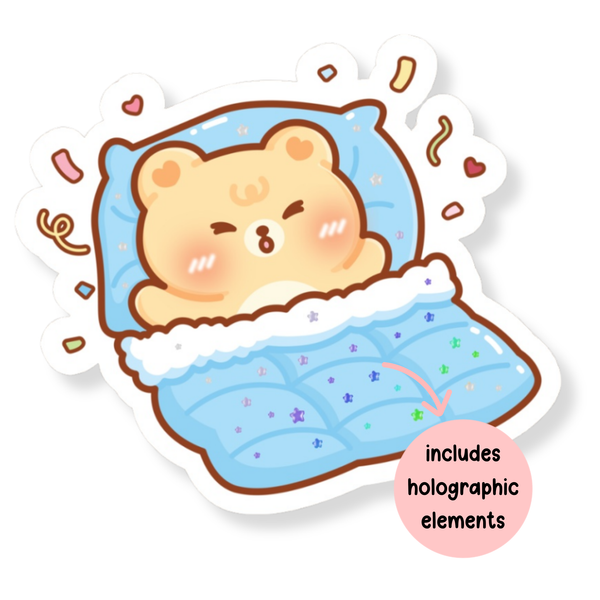 Excited Bear in Bed Waterproof Vinyl Sticker (Semi-Holographic)