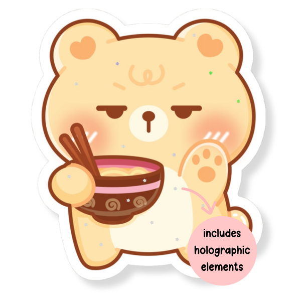 Bear Hogging Ramen Bowl Waterproof Vinyl Sticker (Semi-Holographic)
