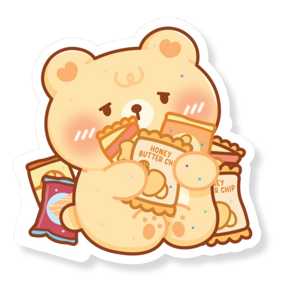 Bear Hugging Snacks Waterproof Vinyl Sticker (Semi-Holographic)