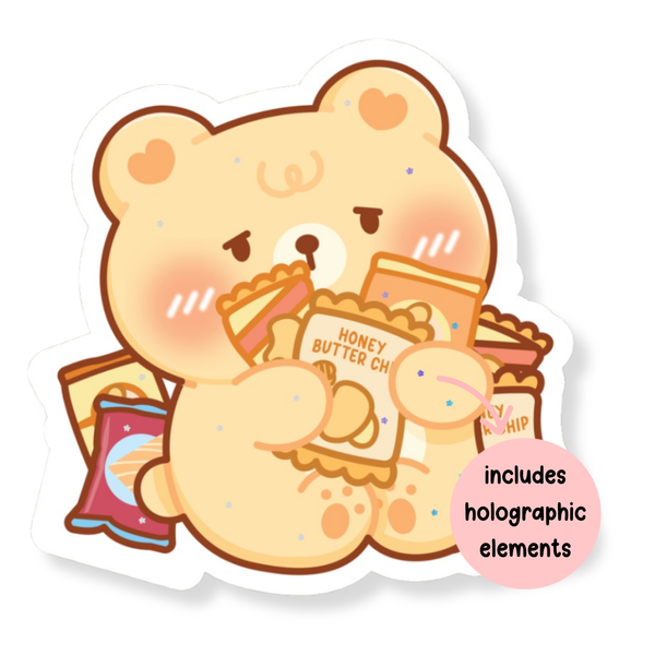Bear Hugging Snacks Waterproof Vinyl Sticker (Semi-Holographic)