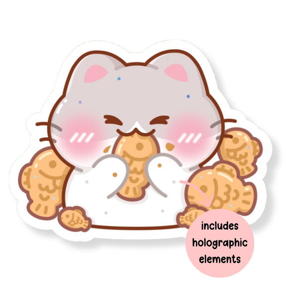 Cat Snacking on Taiyaki Waterproof Vinyl Sticker (Semi-Holographic)