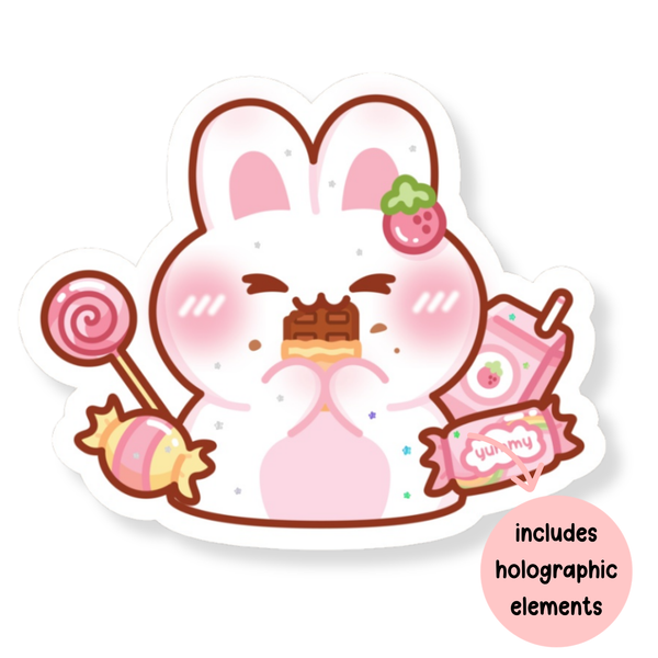 Bunny Snacking on Sweets Waterproof Vinyl Sticker (Semi-Holographic)