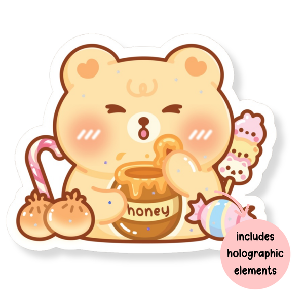 Bear Snacking on Snacks Waterproof Vinyl Sticker (Semi-Holographic)