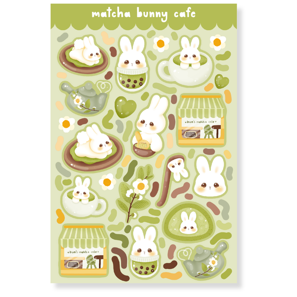 Matcha Bunny Cafe Water-Resistant Sticker Sheet